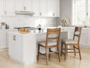 Ashley Furniture Cabalynn counter height barstool with wooden legs and a cushioned seat, shown from the side.