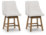 Ashley Furniture Cabalynn counter height barstool with wooden legs and cushioned seat, shown from a side angle.