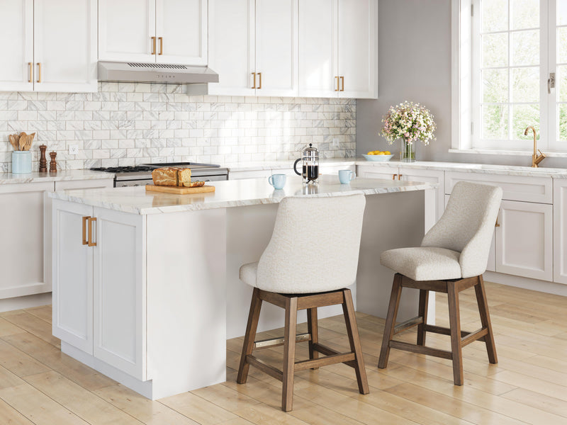 Ashley Furniture Cabalynn counter height barstool with a sleek wooden frame and upholstered seat, shown from the side.
