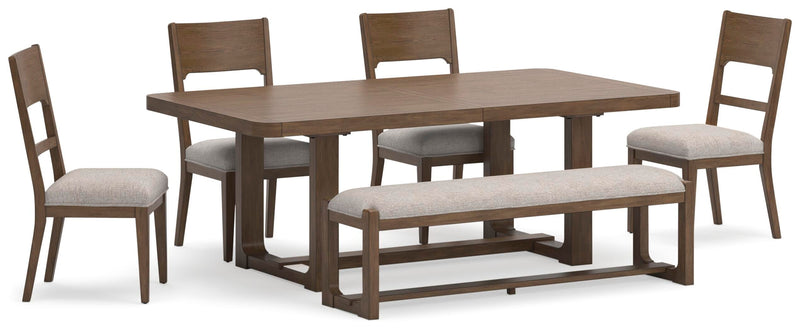 Ashley Furniture Cabalynn dining room set with a wooden table and six upholstered chairs in a modern dining space.