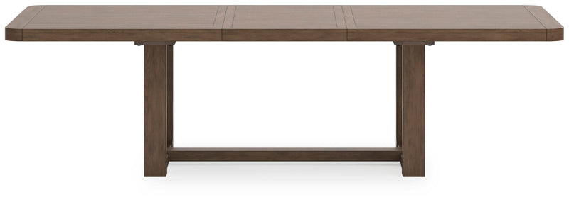 Ashley Furniture Cabalynn dining extension table with a dark wood finish, shown from the back angle.