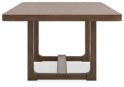 Cabalynn Ashley Furniture Dining Extension Table with polished wood finish, shown extended with leaf inserted for extra dining space.
