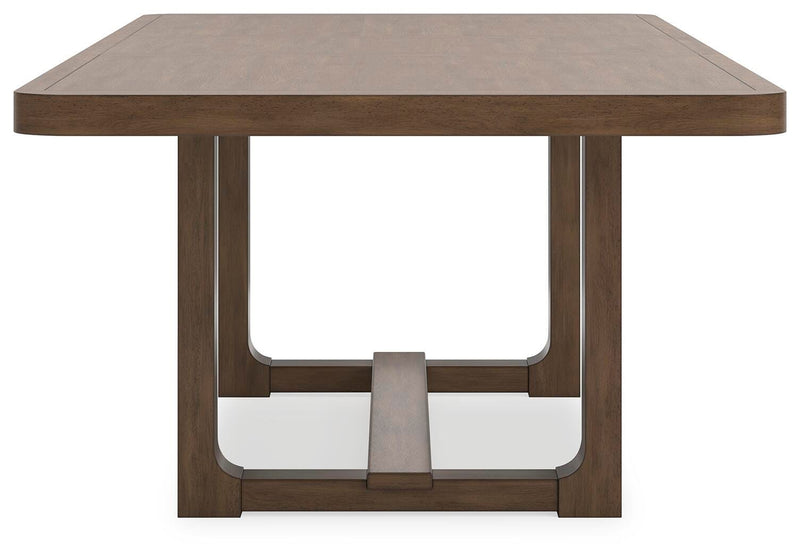 Cabalynn Ashley Furniture Dining Extension Table with polished wood finish, shown extended with leaf inserted for extra dining space.