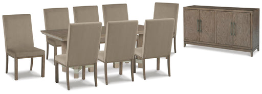 Ashley Furniture Chrestner dining room set with a wooden table and matching chairs, stylish and perfect for a modern dining space.