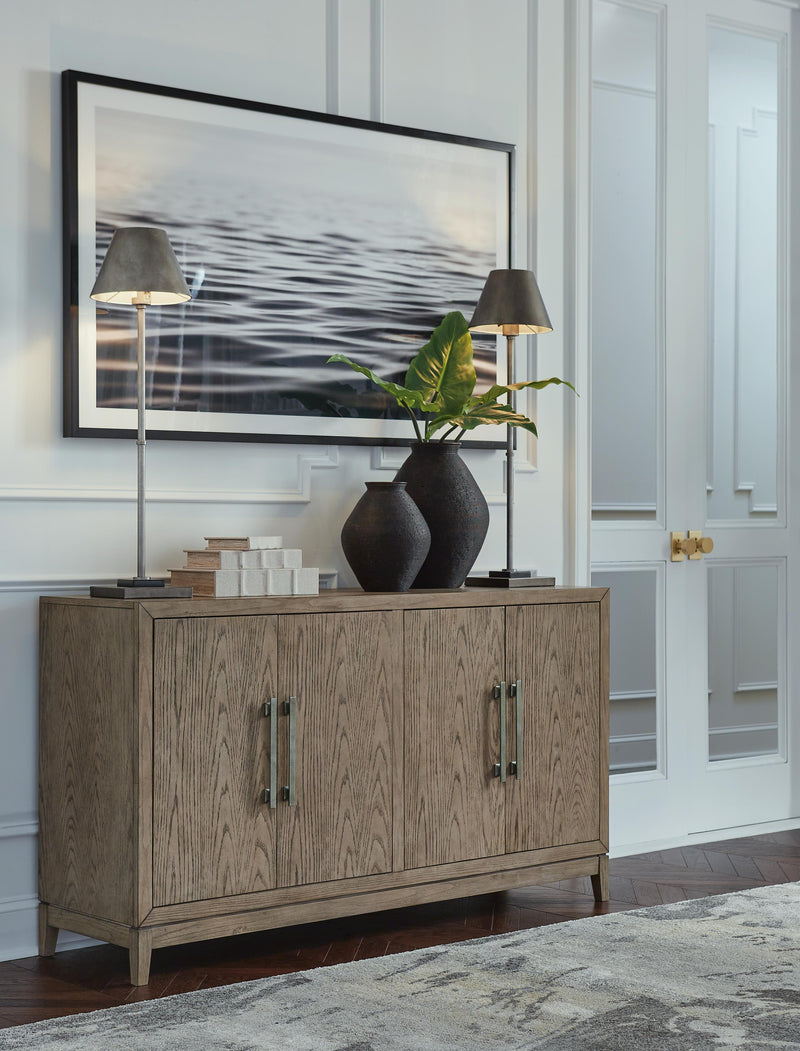 Ashley Furniture Chrestner dining server with storage drawers and open shelves, crafted in dark wood finish.
