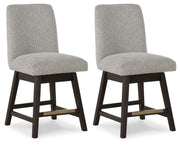 Ashley Furniture Burkhaus counter height barstool with wooden legs and upholstered seat, shown from an angled side view.