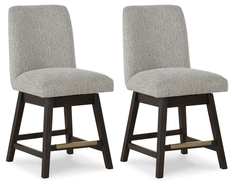 Ashley Furniture Burkhaus counter height barstool with wooden legs and upholstered seat, shown from an angled side view.