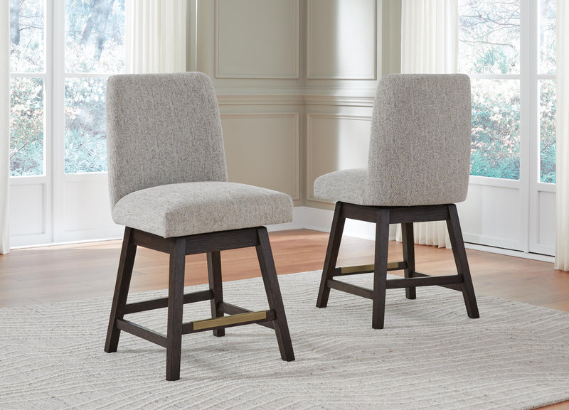 Ashley Furniture Burkhaus counter height barstool with wooden legs and upholstered seat, shown from front view.