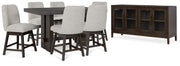 Ashley Furniture Burkhaus dining room set with a wooden table and matching chairs, shown in a well-lit dining space.