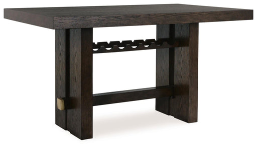 Angle view of Ashley Furniture Burkhaus counter height dining table with wooden finish and sturdy legs.