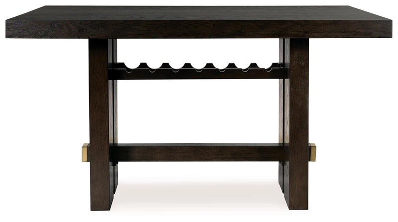 Ashley Furniture Burkhaus dining room set with a wooden table and matching chairs, shown from a head-on angle.