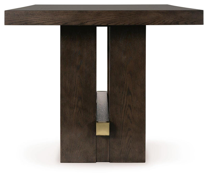 Ashley Furniture Burkhaus dining room set with a table and chairs, featuring a dark wood finish and modern design.