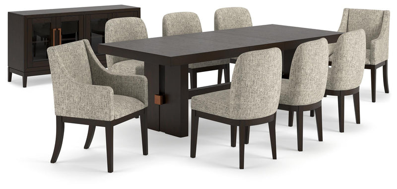 Ashley Furniture Burkhaus dining room set with a wooden table and matching chairs in a modern dining space.