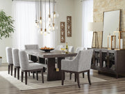 Ashley Furniture Burkhaus dining room set with a rectangular table and six upholstered chairs in a modern wood finish.