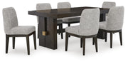 Ashley Furniture Burkhaus dining room set with a wooden table and matching chairs, arranged in a modern dining space.