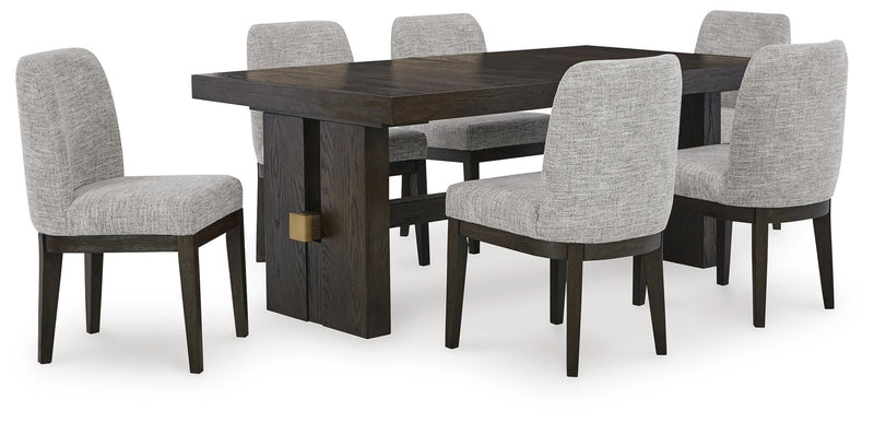 Ashley Furniture Burkhaus dining room set with a wooden table and matching chairs, arranged in a modern dining space.