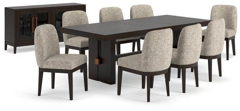 Ashley Furniture Burkhaus dining room set with a wooden table and matching chairs in a modern kitchen setting.