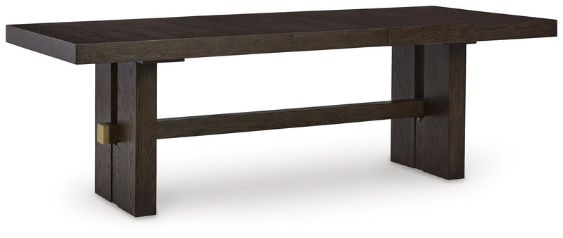Ashley Furniture Burkhaus Dining Extension Table shown from an angled side view with a wooden finish and extendable design.