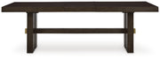 Ashley Furniture Burkhaus dining extension table with a sleek wooden surface and sturdy base, shown from a head-on view.
