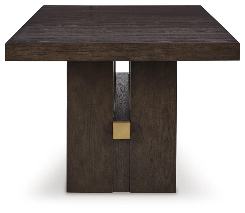 Ashley Furniture Burkhaus dining room set with a wooden table and matching chairs in a modern dining area.