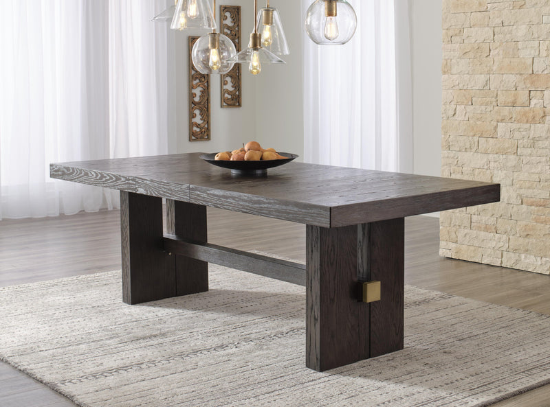 Ashley Furniture Burkhaus Dining Extension Table with a polished wood finish and extended surface for additional seating.