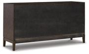 Ashley Furniture Burkhaus Dining Server with open shelves and storage drawers, made of dark wood with sleek metal handles.