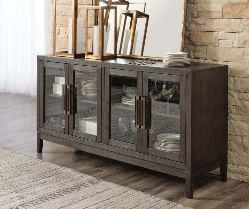 Ashley Furniture Burkhaus Dining Server with storage cabinets and drawers, showcasing a sleek wood finish and elegant design.