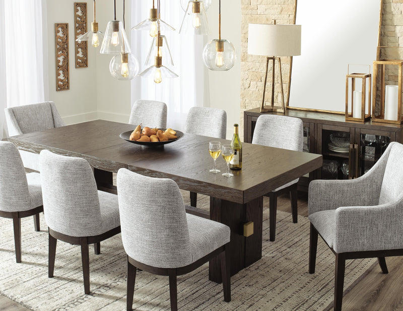Ashley Furniture Burkhaus dining room set with a table and matching chairs, modern wood finish, perfect for contemporary dining spaces.