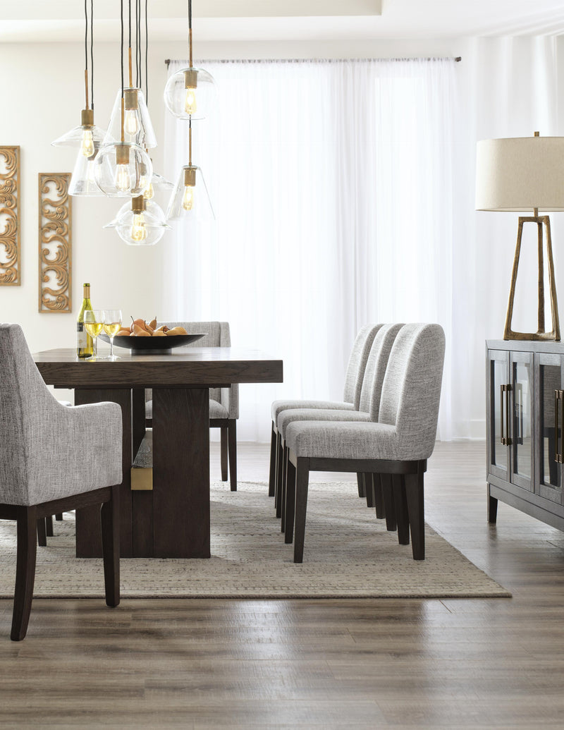 Ashley Furniture Burkhaus dining room set featuring a table and chairs in a modern design.