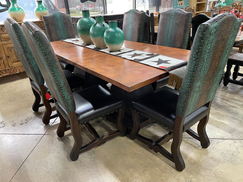 84” Hammered Copper Dining Table Set with 6 Leather Chairs