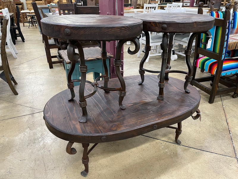 Reclaimed Wood Coffee Table Set with Wrought Iron Base