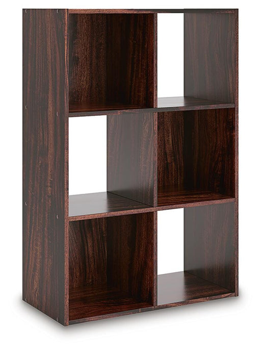Ashley Furniture Glosmount Six Cube Organizer with angled view, showing its modern design and six storage compartments.