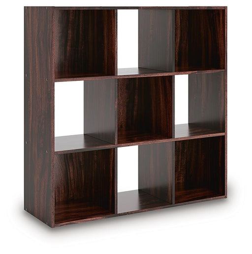 Ashley Furniture Glosmount Nine Cube Organizer, angled view showing black finish and nine spacious storage cubes.