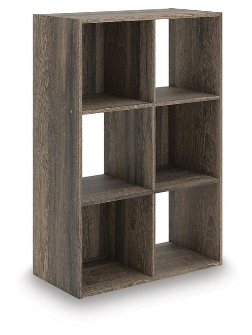 Ashley Furniture Shallifer six cube organizer with angled shelves, made of wood, shown from a side angle in natural wood finish.