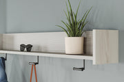 Wall-mounted coat rack with shelf by Ashley Furniture featuring hooks and a wooden top for organized entryway storage.