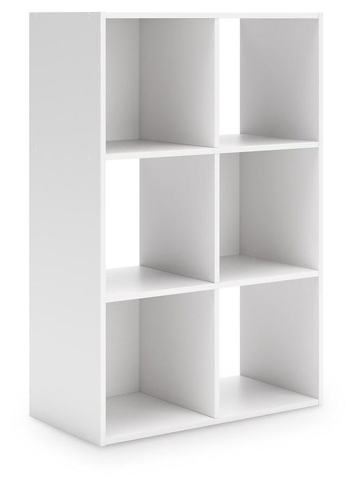 Ashley Furniture Onita Six Cube Organizer with angled shelves in a modern black finish, showcasing versatile storage compartments.