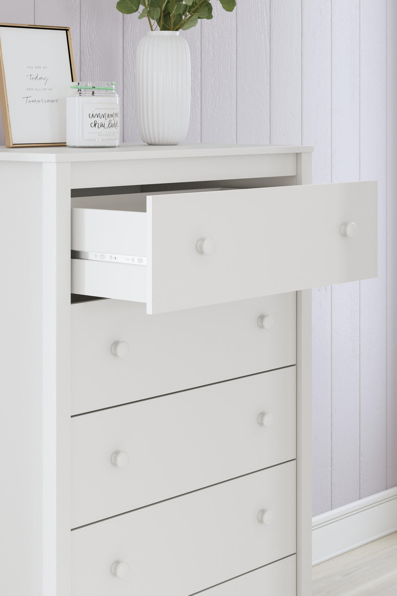 Ashley Furniture Hallityn chest of drawers with multiple drawers and a dark wood finish, detailed close-up image.