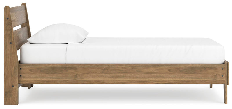 Ashley Furniture Deanlow bedroom set featuring a modern bed frame, matching nightstands, and dresser with sleek design.