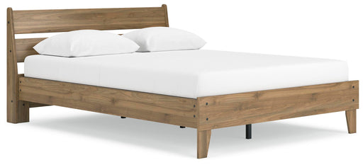 Ashley Furniture Deanlow Bed with a modern wooden frame, shown from a side angle.