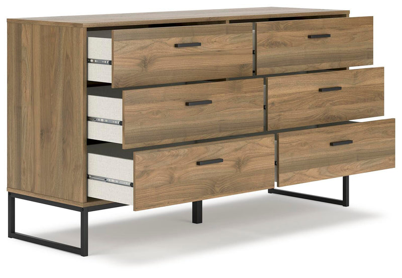 Ashley Furniture Deanlow bedroom set with open view, including bed, nightstands, and dresser, showcasing a modern bedroom design.