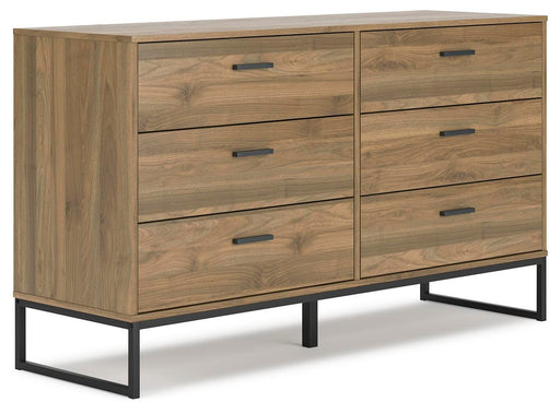 Ashley Furniture Deanlow Dresser with sleek wood finish and modern design, showing the angled view of the bedroom storage piece.
