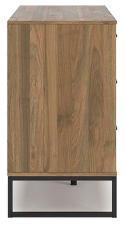 Deanlow dresser by Ashley Furniture with a sleek wood finish and multiple drawers, shown from a side angle.