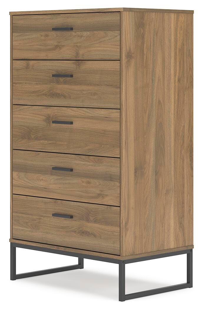 Ashley Furniture Deanlow chest of drawers, angled view showing four spacious wood drawers with sleek handles and a dark finish.