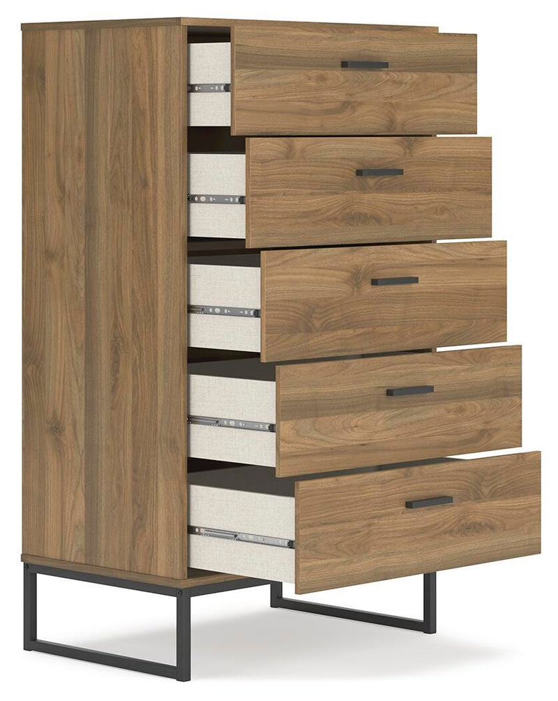 Open view of Ashley Furniture Deanlow chest of drawers showing four spacious wood drawers and elegant design.