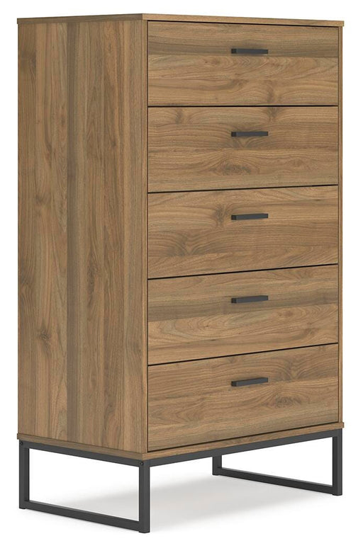 Ashley Furniture Deanlow chest of drawers with a sleek wooden finish, shown from an angled side view.