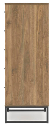 Ashley Furniture Deanlow chest of drawers with multiple drawers and a modern design, shown from a side angle.
