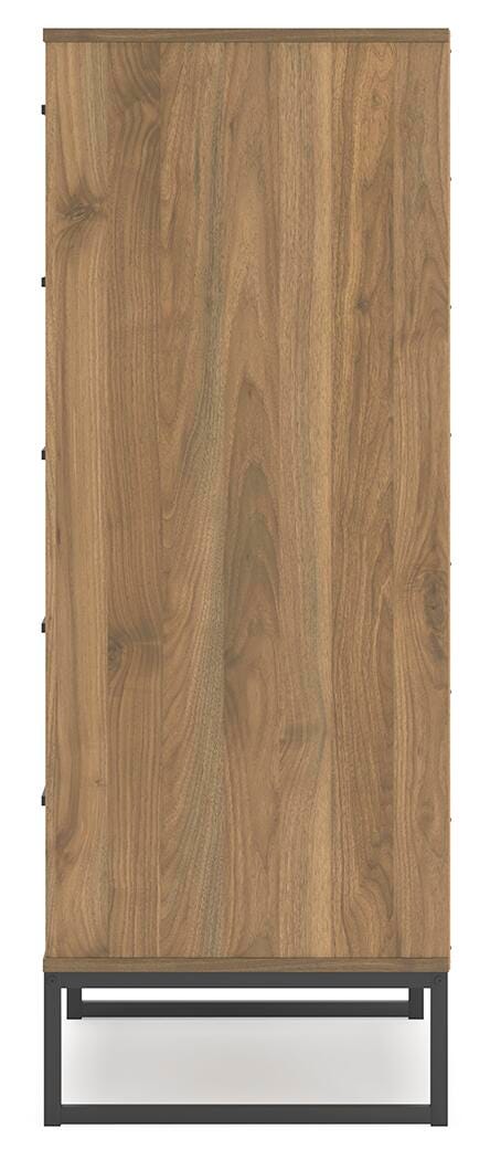 Ashley Furniture Deanlow chest of drawers with multiple drawers and a modern design, shown from a side angle.