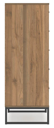 Ashley Furniture Deanlow chest of drawers with a dark wood finish and sleek metal handles, showing four spacious drawers.