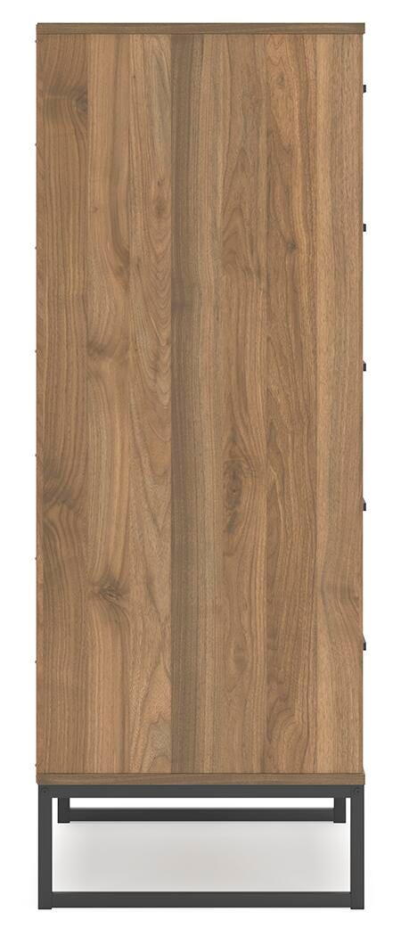Ashley Furniture Deanlow chest of drawers with a dark wood finish and sleek metal handles, showing four spacious drawers.