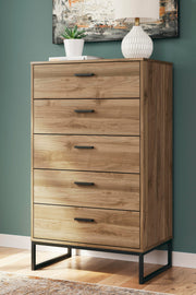 Ashley Furniture Deanlow chest of drawers with a sleek wood finish and multiple storage drawers.